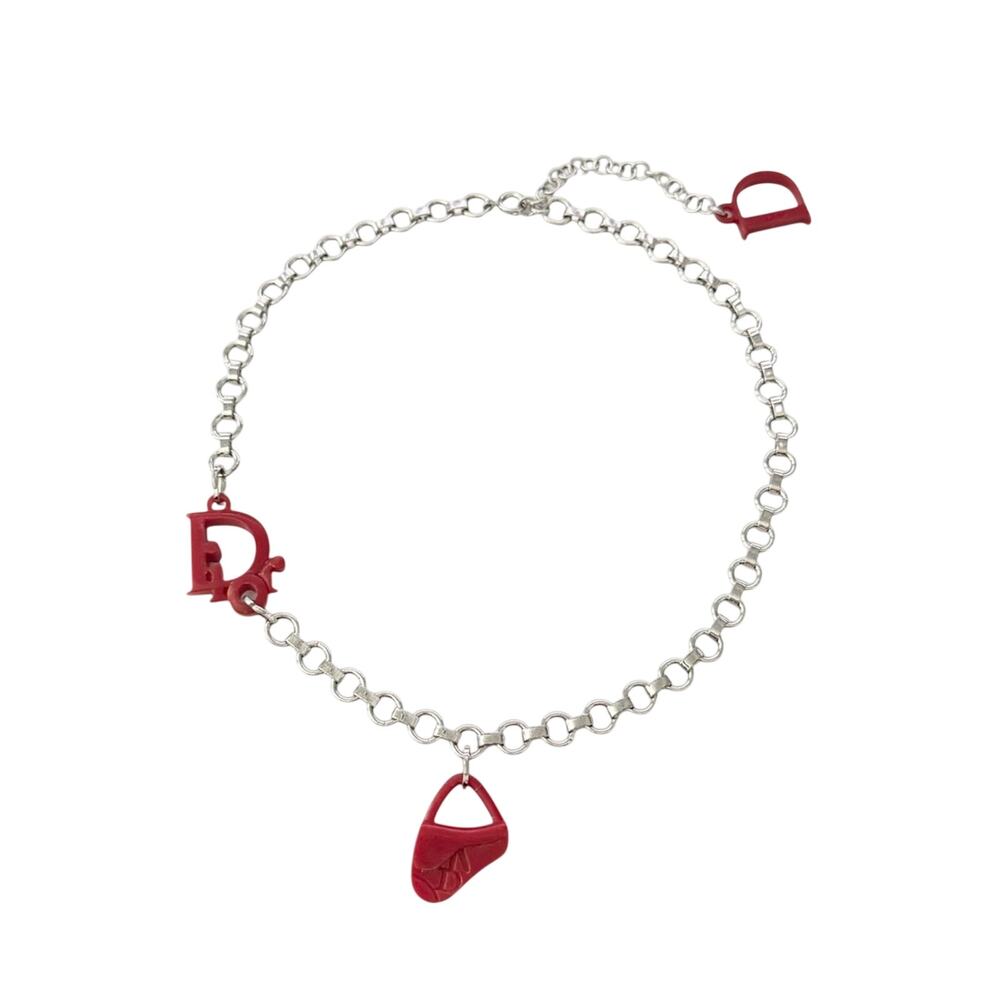 Christian Dior Vintage Silver Chain Resin Saddle Bag Purse Charm Logo Necklace